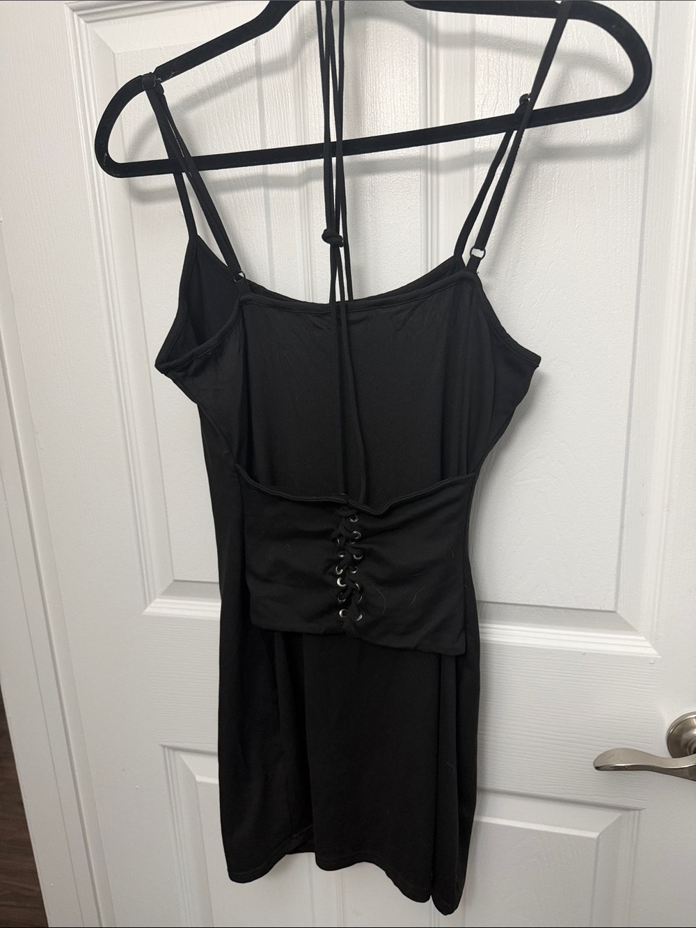 Black Lace-Up Mini Dress with Spaghetti Straps and corset mid by FOREST INK